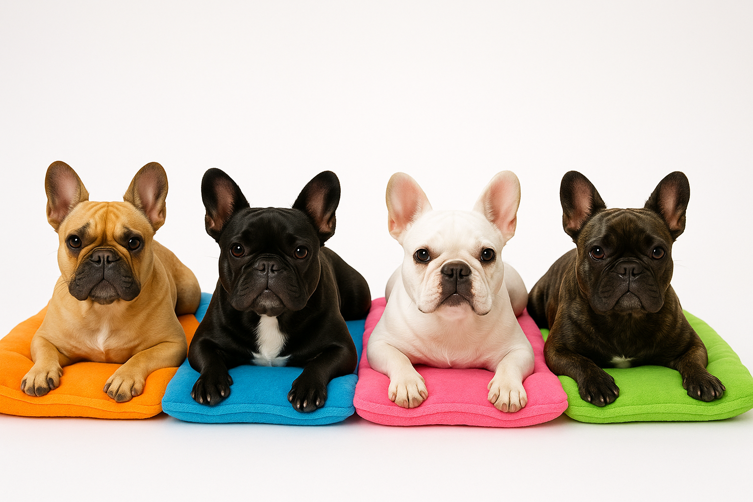 four French bulldogs laying on radiantly colored dog beds on a white background
