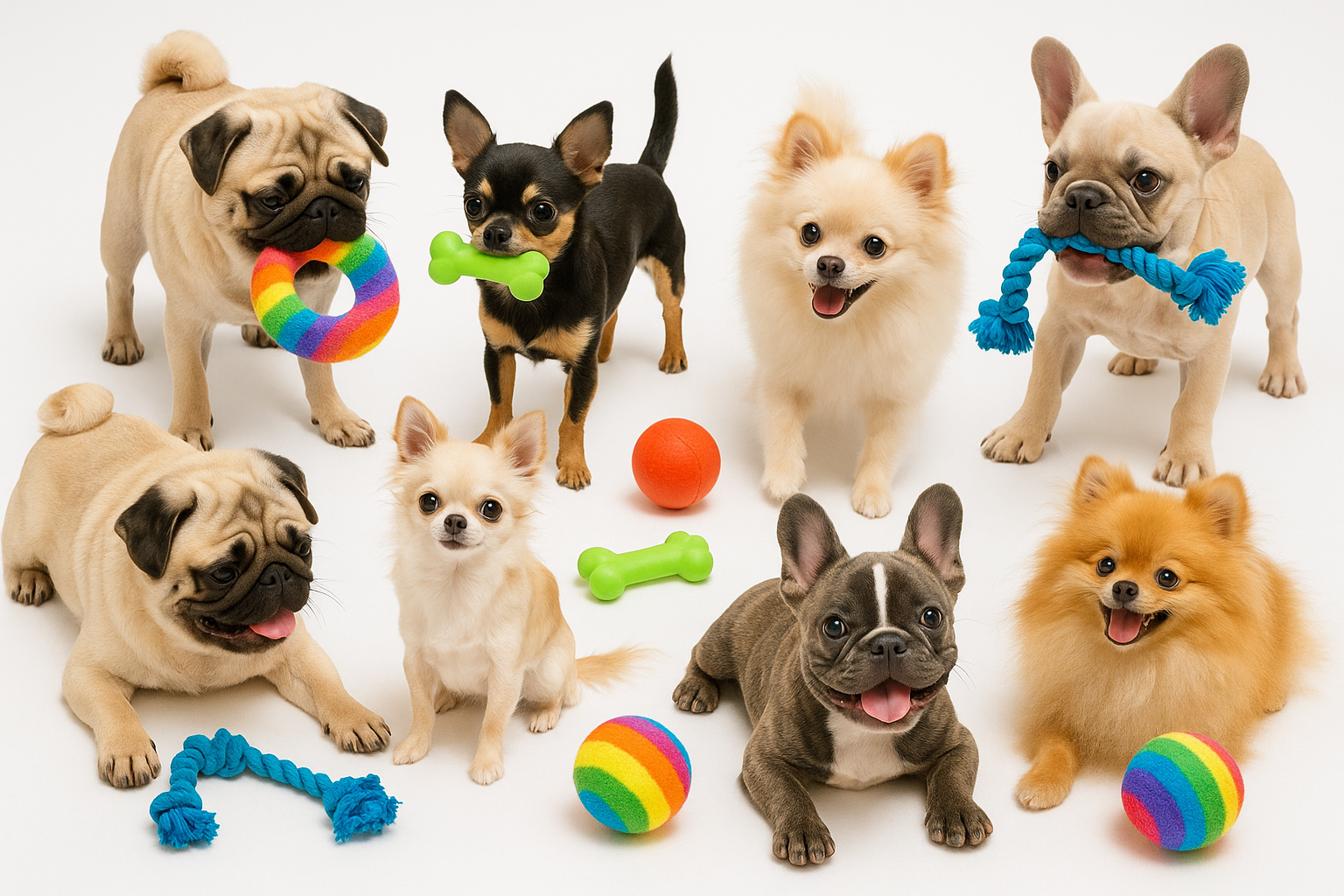 pugs, chihuahuas, frenchbulldogs, Pomeranians, playing with radiantly colored dog toys on a white background 